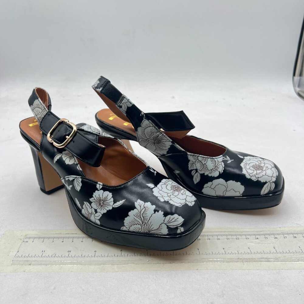 FYS Black Flower Platform Square Toe Chunky High Heel Mary Janes Slingback Pumps - Picture 4 of 8